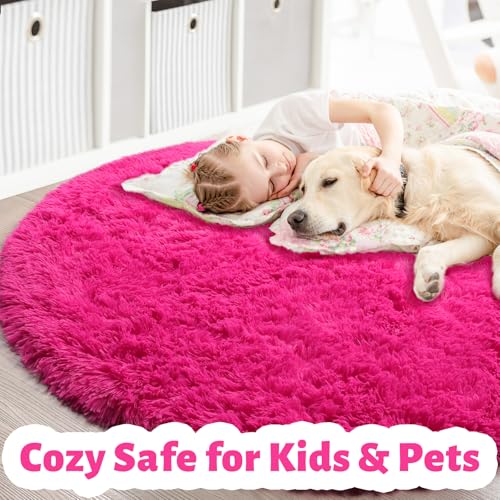 Hot Pink Fluffy Round Rug 4Ft for Girls Bedroom Kids Room Nursery (Hot Pink / 4' (Round))