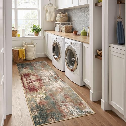 Washable Runner 2'x6' Abstract Area Rug for Hallway Rustic Brown (Rust Red/Green/Blue/Multi / 2' x 6' (Runner))