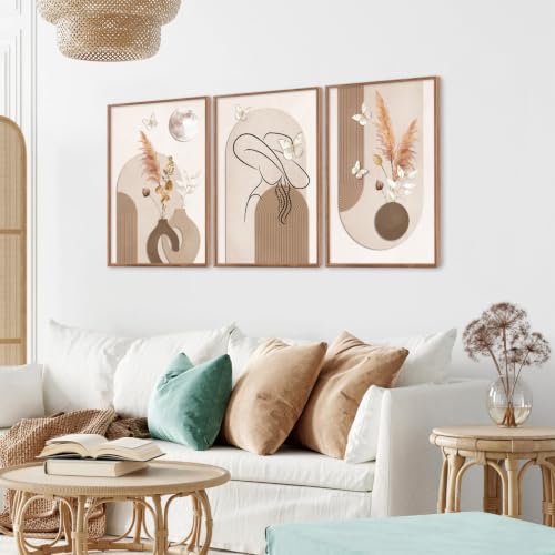 Boho Neutral Framed Wall Art Beige Minimalist Line Art Woman Artwork (Beige / 24"L x 36"W)