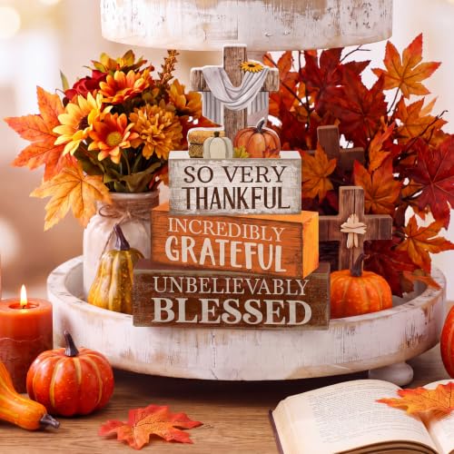 4 Pcs Fall Table Decoration for Home Religious Cross Stacked Signs (Cross Fall)