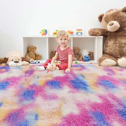 Fluffy Rainbow Colorful Rug for Living Room 6x9 Kawaii Rainbow Tie Dye Area Rug Fuzzy Indoor Floor Unicorn Rug for Bedroom Girls Kids Nursery Baby Princess Room Dorm Home Decor Aesthetic Carpets (Tie-dyed Colorful / 6' x 9' (Rectangular))