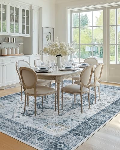 Amada Large 8x10 Washable Area Rug for Living Room (8' x 10' (Rectangular) / Ivory/Blue)