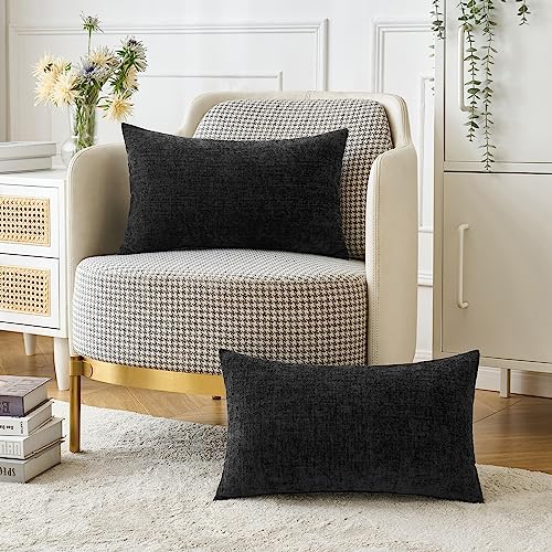 Soft Chenille Lumbar Throw Pillow Covers Black 12x20 Inch Pack of 2 (20" x 12" (Pack of 2) / Black)
