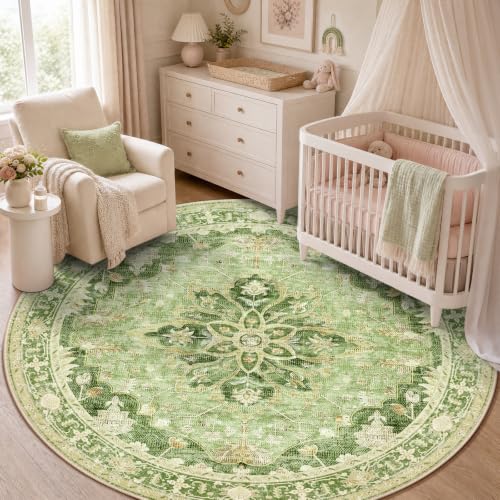 Washable Area Rug (Green/Yellow / 5' (Round))