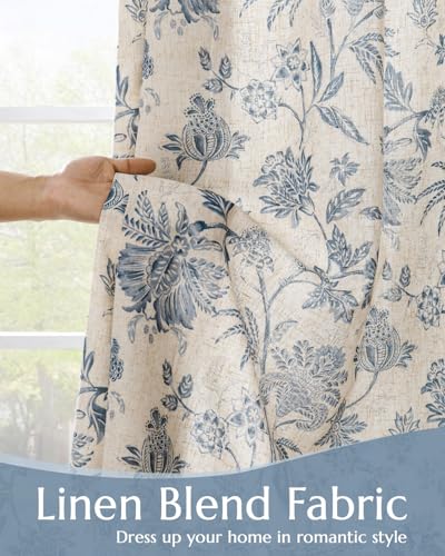 Blue Floral Linen Curtains 84 Inch Vintage Back Tab 2 Panels (*Jacobean Blue / 50"W x 84"L (Pack of 2))