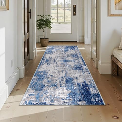 Washable Runner 3'x7' Abstract Area Rug for Hallway Blue Gray (Blue/Gray / 3' x 7' (Runner))