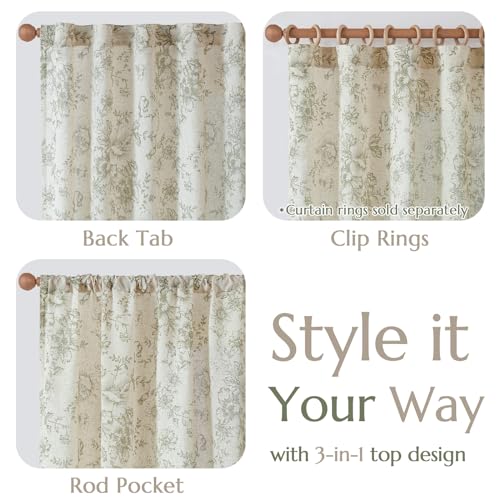Floral Lined Linen Curtains 63 Long for Living Room 2 Panels (Lined Green / 50"W x 63"L (Pack of 2))