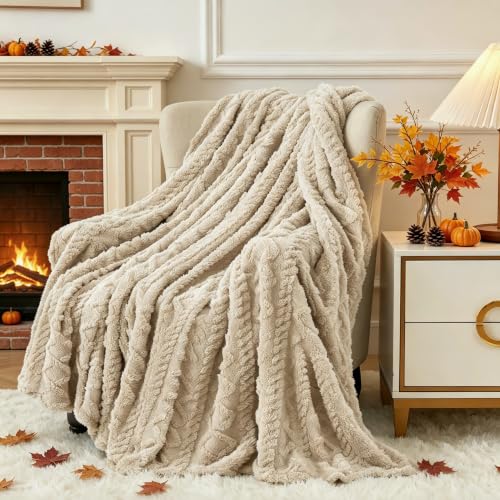 Fleece Throw Blanket for Couch (Khaki / Throw(50×60in))