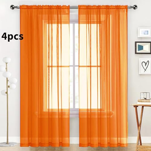 Orange Sheer Curtains 4 Panels Rod Pocket Semi (Orange / 52"W x 96"L (Pack of 4))