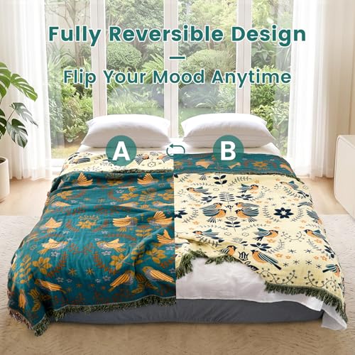 Boho Throw Blanket 60"x80" 100% Cotton Bird Quilt for Bed & Couch (A-teal Blue Bird / 60"x80")
