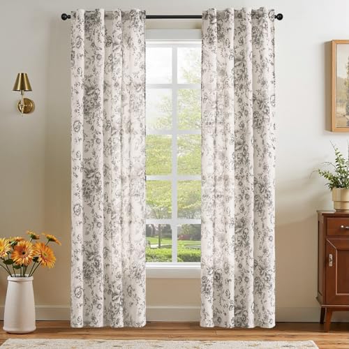 Vintage Floral Linen Curtains 84 Long for Living Room 2 Panels (Black on Beige / 38"W x 84"L (Pack of 2))