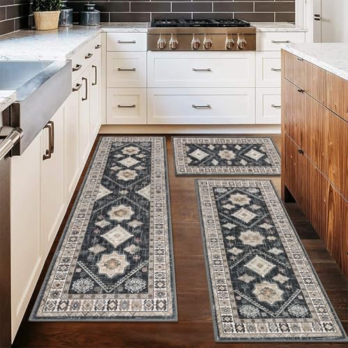 HEBE Boho Kitchen Rugs Set of 3 (Black/Colorful / 20"x32"+20"x48"+20"x59")