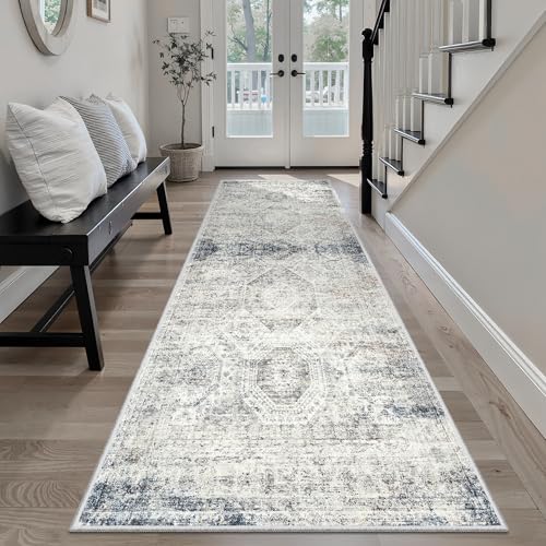 Washable Runner Rug 2'6"x8' Kitchen Hallway Runners Blue (Blue/Ivory / 2'6" x 8' (Runner))