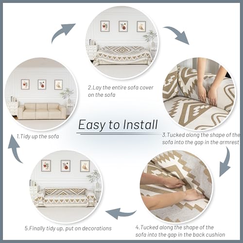 Sectional Couch Cover Khaki Boho Geometric Sofa Covers for Sectional Sofa L Shape Chenille Couch Protector for Dogs Pets Couch Throw Cover Washable Durable for Home Decor (71" x 118" / 2# Bohemia Khaki)