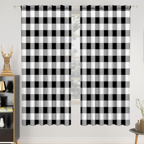 53 x 63 Inch Linen Buffalo Plaid Check Curtains Blackout Bedroom Room Darkening Thermal Insulated Black White Buffalo Checkered Window Drapes Farmhouse Living Room Pocket Tab Curtain 2 Panels (Black White / 53"W x 63"L (Pack of 2))