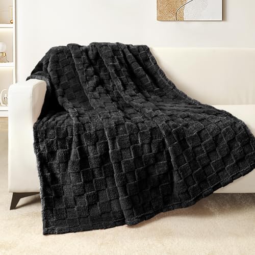 3D Checkered Fleece Throw Blanket for Couch (Black / Throw (50"x60"))