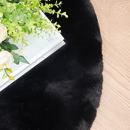 Black Round Rugs 8ft Machine Washable Rabbit Fur Area Rug Large Circle Rugs for Bedroom Faux Sheepskin Rug Cushion Living Room Décor (8' (Round) / Black)