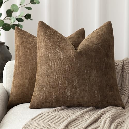 Solid Textured Chenille Throw Pillow Covers 22x22 (22" x 22" (Pack of 2) / Sudan Brown)