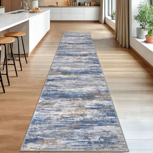 Modern Abstract Washable Rug Runner 2.6x14 Hallway Rug Runner Non (Blue Rust White / 2'8" x 14' (Runner))