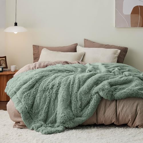 Faux Fur Fluffy Sherpa Fleece King Bed Blanket Sage Green 108"x90" (12- Sage Green / King (108" X 90"))