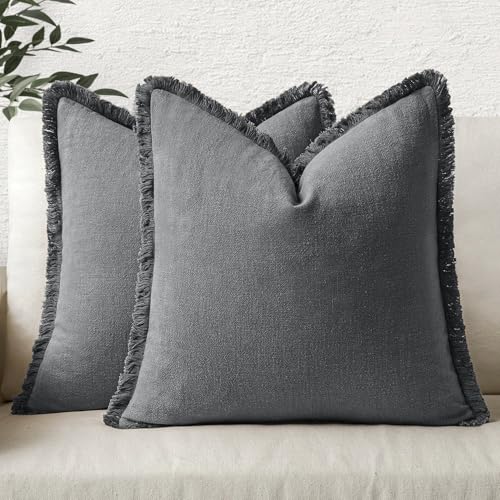 Linen Fringe Decorative Euro Throw Pillow Covers Dark Grey 24x24 (24" x 24" (Pack of 2) / Dark Grey)