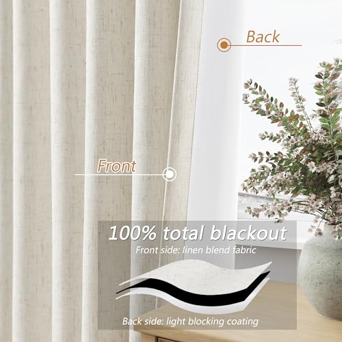 Extra Long 100% Blackout Linen Curtains for Bedroom 120 Inch Long 10 FT Natural Cream Black Out Curtain Back Tab Thermal Insulated Room Darkening Window Drapes for Living Room 2 Panels Beige Ivory (Cream / 52"W x 120"L (Pack of 2))