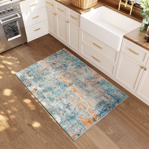 Entrance Rugs Indoor 2x3 Blue Entry Rug Washable Abstract Small Area Rug Non (Blue / 2' x 3' (Rectangular))