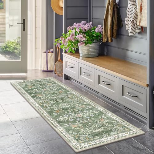 2x5 Washable Hallway Runner Rug Non Slip Floral Carpet (Green / 2' x 5')