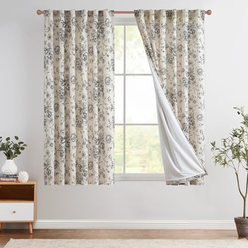 Floral Lined Linen Curtains 63 Long for Living Room 2 Panels (Lined Black / 50"W x 63"L (Pack of 2))