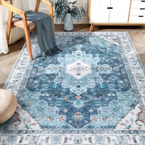 5x7 Washable Non Slip Boho Area Rug for Living Room (Vintage Blue / 5' x 7' (Rectangular))