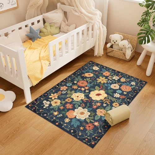 3x4 Area Rug Floral Washable Rug for Kitchen Non Slip (Navy Blue / 3' x 4' (Rectangular))