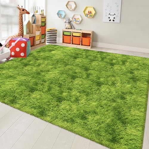 Green Tie Dyed Rug for Living Room 8x10 Fluffy Area Rug Mat Bedside Throw Rug for Bedroom Kids Room Boys Teens Nursery Baby Dorm Office Home Decor Aesthetic Carpets (Tie-dyed Green / 8' x 10' (Rectangular))