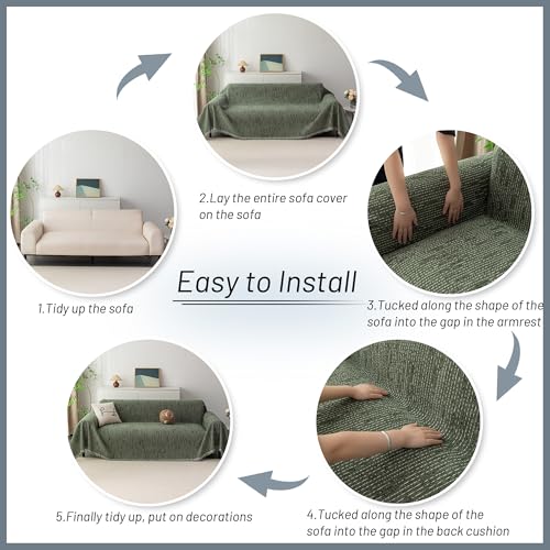 Loveseat Cover Moss Green Couch Cover Sectional Couch Covers for 2 Cushion Couch Sofa Thick Universal Chenille Sofa Cover with Tassel Durable Furniture Protector for Dogs 91" x 118" (91" x 118" / 9# Lines Moss Green)
