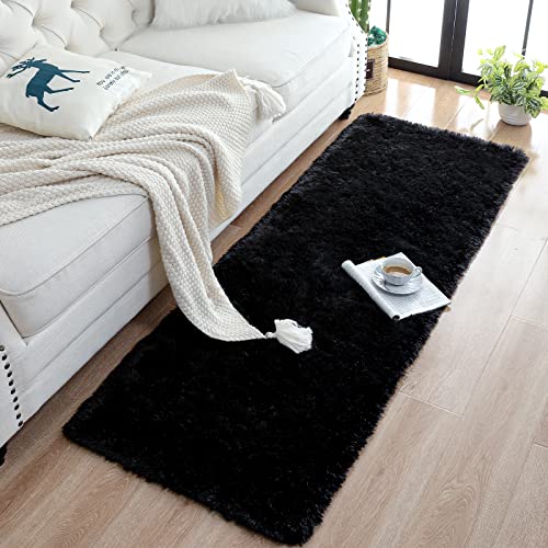 Soft Runner Rugs for Bedroom Living Room Plush Fluffy Rug 2x7 (Black / 2' x 7' (Runner))