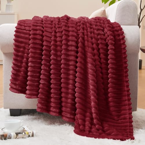 Ribbed Jacquard Burgundy Fleece Twin Blanket for Couch (Burgundy / Twin(60"x80"))