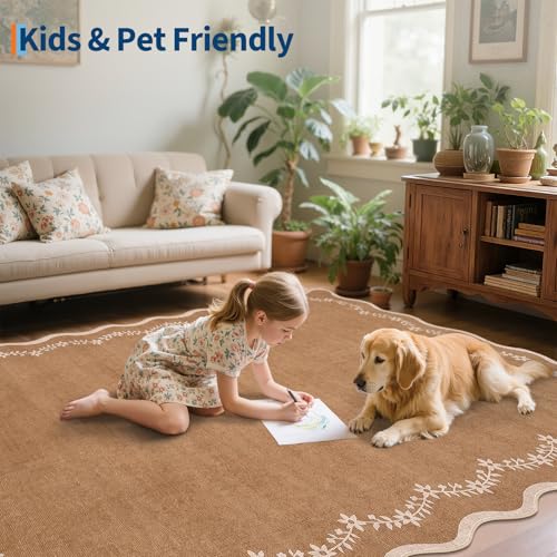 Large Round Rug 8ft Scalloped Washable Circle Living Room Rug (Brown / 8' (Round))