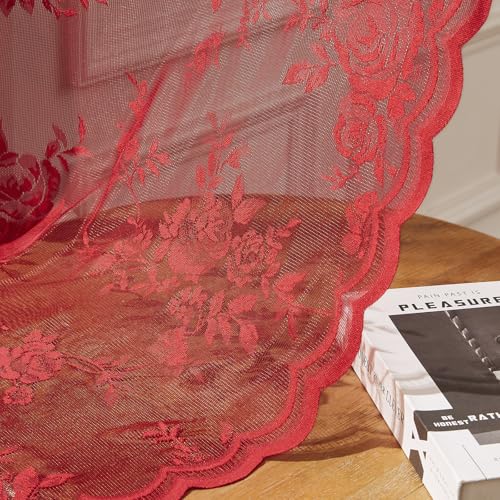 Red Lace Curtains 45 Inch Length 2 Panels Set Romantic Country Flower Curtains for Kitchen Cafe Rod Pocket Light Filtering Semi Sheer Small Window Curtains for Valentine's Christmas Day Decor (52"W x 45"L (Pack of 2) / Red)
