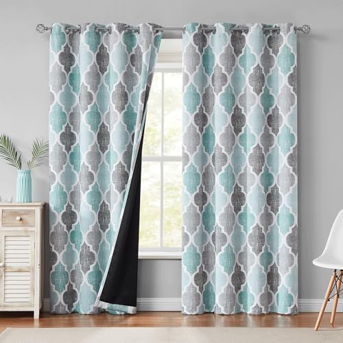 Moroccan 100% Blackout Curtains Bedroom Aqua Grey 50x96 2 Panels (Grommet | Aqua and Grey / 50"W x 96"L (Pack of 2))