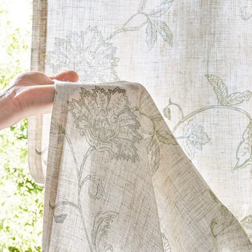 Green Floral Linen Curtains 84 Inch Vintage Back Tab 2 Panels (Floral Green / 50"W x 84"L (Pack of 2))