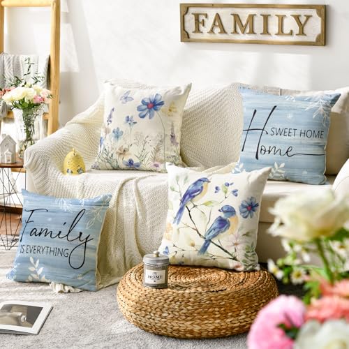 Spring Saying Flowers Butterfly Bird Throw Pillow Covers (Blue / 16" x 16" (Pack of 4))