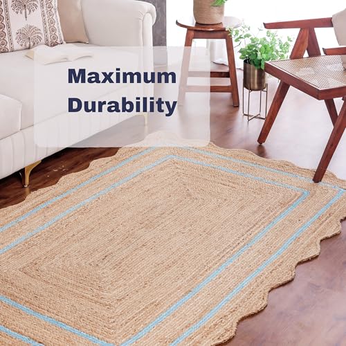 Wave Scalloped Jute Runner Handwoven Hallway Runner Sky Blue 2'x12' (2'x12' / Sky Blue)