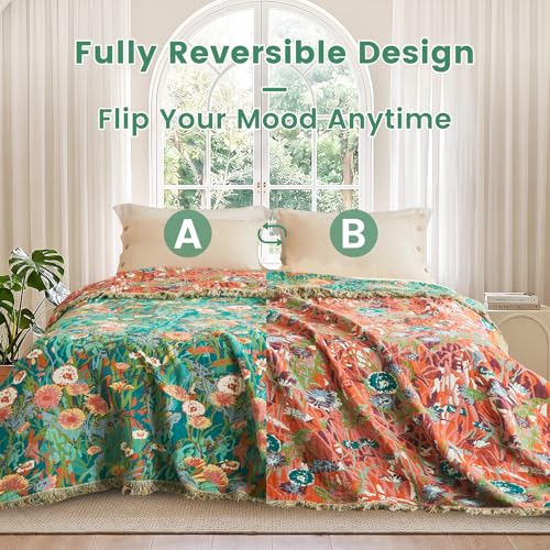 Boho Throw Blanket 50"x60" 100% Cotton Floral Blanket for Couch Bed (Flowers Green / 50"x60")