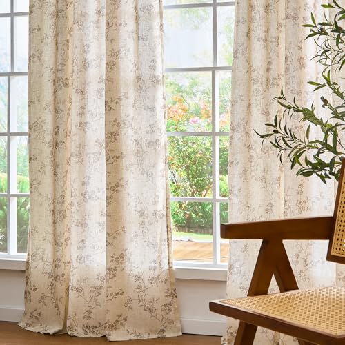 Taupe Vintage Floral Linen Curtains Farmhouse 50W X 90L 2 Panels (Taupe on Beige / 50"W x 90"L (Pack of 2))
