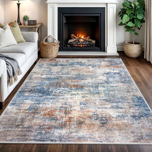 Abstract Area Rugs 5x7 Ft Washable Rugs for Living Room (Blue/Rust/White / 5' x 7' (Rectangular))