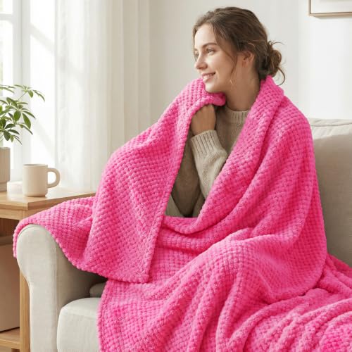 Soft Waffle Fleece Bed Blanket Queen Size (Hot Pink / 90x90 in)