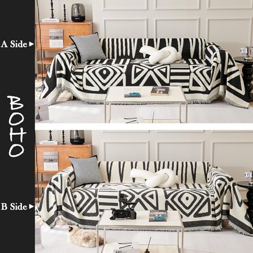 Boho Sofa Covers for Dogs Black Couch Sofa Covers for 3 Cushion Couch Sofa Beige Chenille Sofa Slipcover Washable Sectional l Shaped Covers Pets Protector Furniture Covers (71" x 150" / T:black)