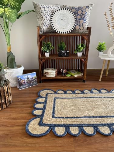 Scalloped Natural Jute Area Rug 4x6 Ft with Scalloped Border (Blue / 4' x 6' (Rectangular))