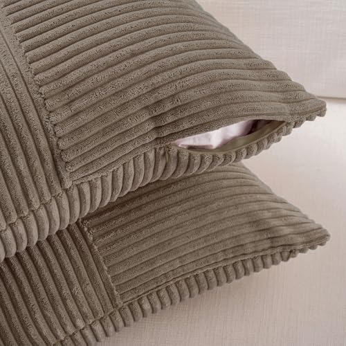 Set of 2 Light Brown Patchwork Corduroy Decorative Soft Striped Modern Accent Cushion Case Farmhouse Boho Neutral Throw Pillow Covers for Chair Couch Bed Sofa Living Room 12x12 Inch (Light Brown / 12" x 12" (Pack of 2))