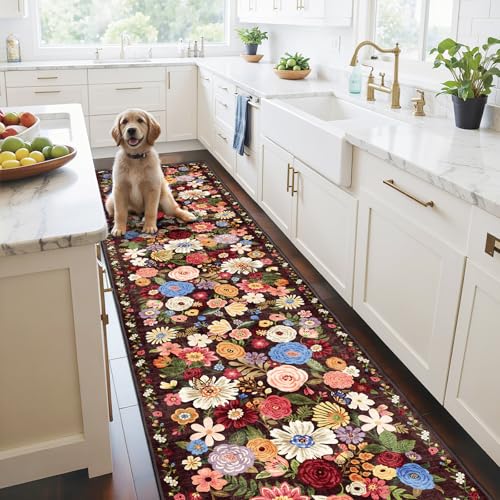 Black Brown Floral Hallway Runner Rug 2.6x14 for Bedroom Kitchen (Espresso / 2'6" x 14' (Rectangular))