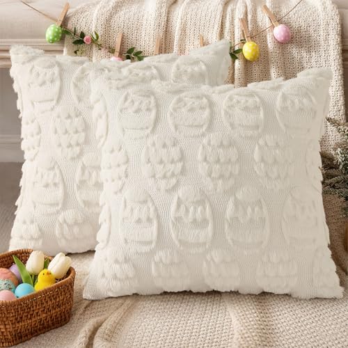 Cream White Faux Fur Egg Throw Pillow Covers 16x16 Set of 2 (16" x 16" (Pack of 2) / Eggs Cream White)